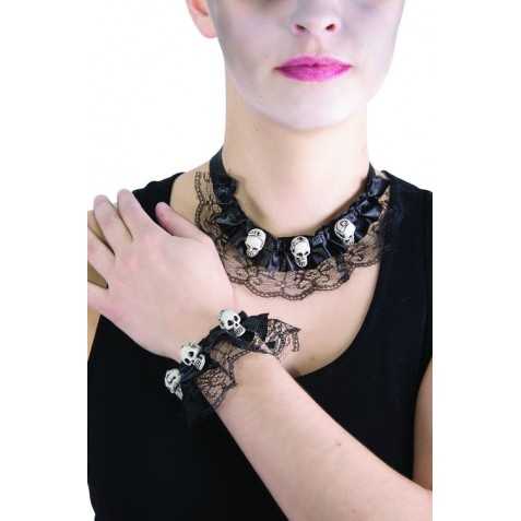 Collier et bracelet dentelle avec téte de mort Halloween